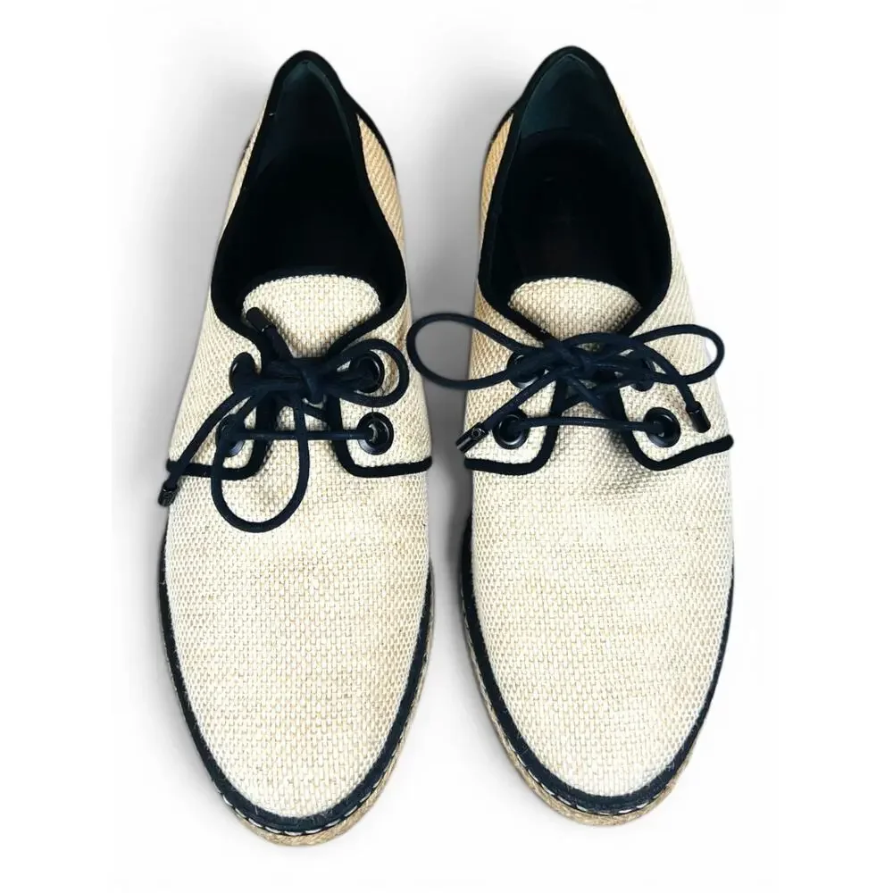 Tory Burch Fawn Canvas Espadrille Oxford Shoes Size 6.5 Lace Up Raffia Jute